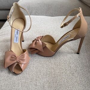 Jimmy Choo Bow Peep-Toe Ankle-Strap Heels in Tan/Nude